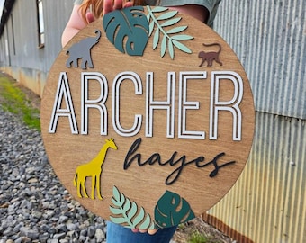 Safari Name Sign | Large Wood Name Sign | Jungle Nursery Sign | Layered Baby Name Sign | Round Sign | Greenery Sign | Wild Animal Sign