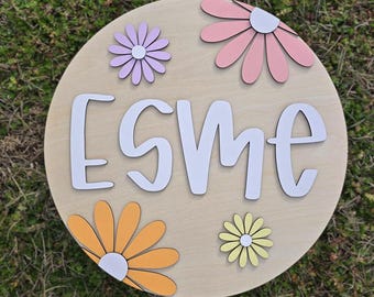 Flower Name Sign | Large Wood Name Sign | Floral Nursery Sign | Layered Baby Name Sign | Round Sign | Floral Sign | Daisy Name Sign