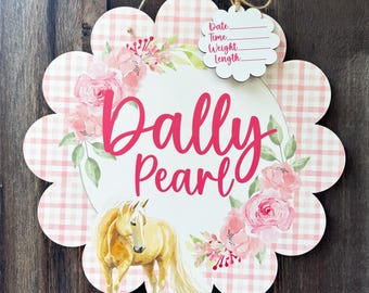 Floral Gingham Horse Printed Custom Personalized Name Sign | Hospital Door Hanger | Horse Baby Announcement | Custom Horse Sign | Name Sign