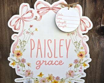 Floral Bow Printed Custom Personalized Name Sign | Hospital Door Hanger | Bow Baby Announcement | Custom Flower Name Sign | Bow Name Sign |