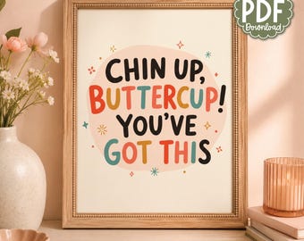 Kopf hoch, Butterblume! – Wandbild zum Ausdrucken | Motivierender Spruch | Farbenfrohe Retro-Deko | Positive Affirmation | Sofort-Download