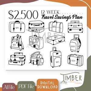 Può includere: Un piano di risparmio per viaggi stampabile in bianco e nero con una sequenza temporale di 12 settimane. Il piano prevede un totale di 2.500 € da risparmiare ed è illustrato con diverse valigie e borse con importi in euro etichettati su ciascuna.