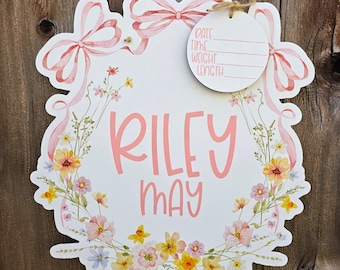 Floral Bow Printed Custom Personalized Name Sign | Hospital Door Hanger | Bow Baby Announcement | Custom Flower Name Sign | Bow Name Sign |