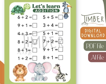 Pagina di lavoro di addizione, addizione per bambini, lavoro scolastico, pagina educativa, download digitale, file PDF, file AI
