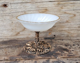 Fruit Bowl, Soap Dish, Trinkets, Milk Glass, Ornate Base, Gold Trim, Vintage