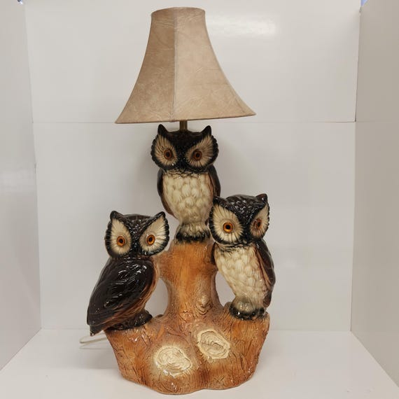 Lamp, Three Baby Owls on a Tree, Chalkware, Plaster, Mid Century