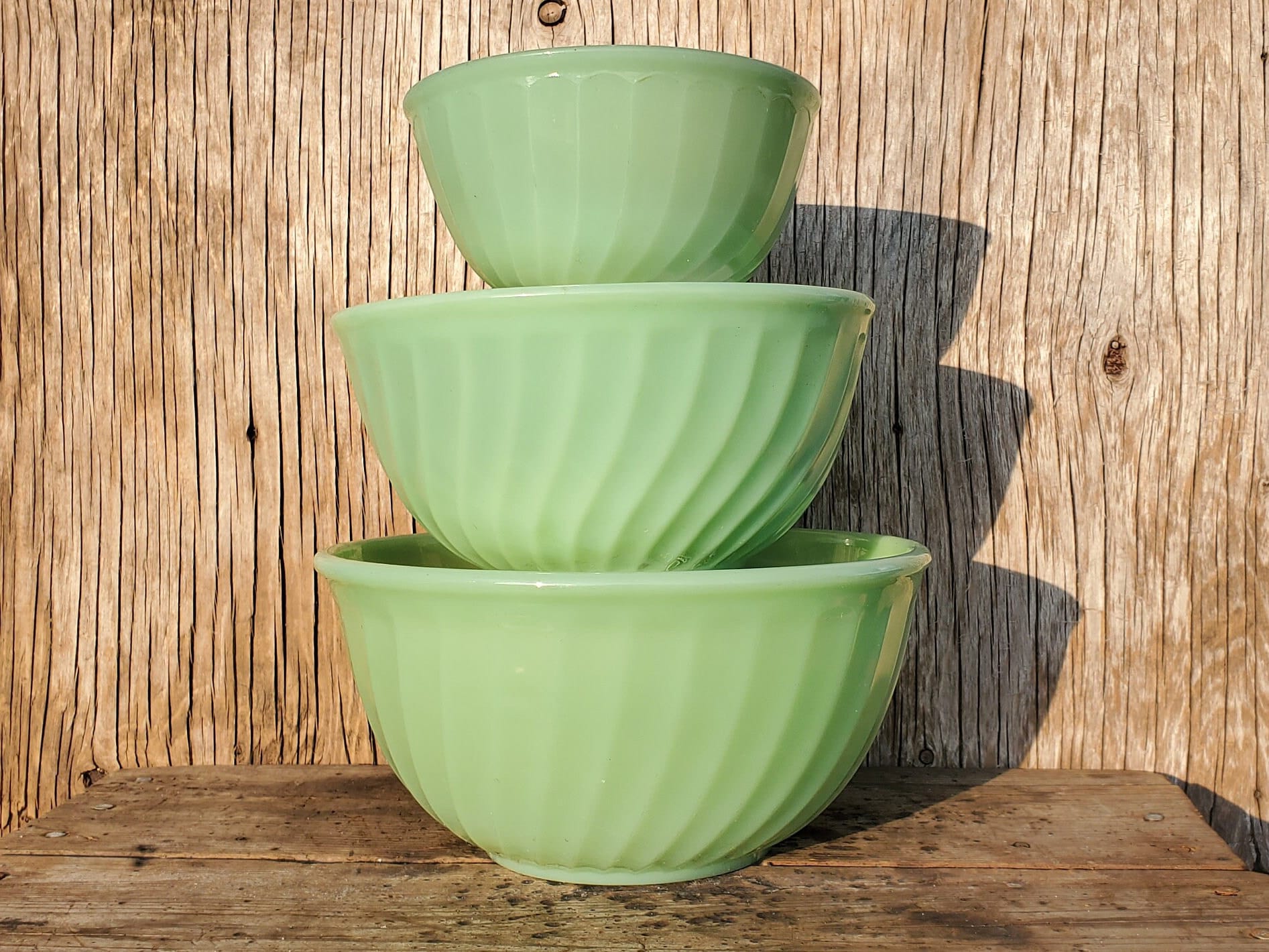 Fire King, Swirl, Mixing Bowls, Set of 3, Jadeite, Nesting, Anchor