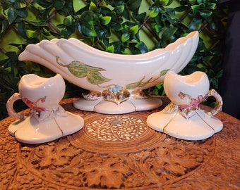 Centerpiece, Matching Candlestick Holders, Hull, Cream & Gold, Vintage