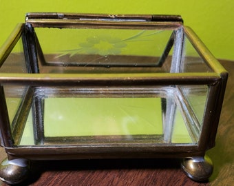 Vintage Floral Glass Trinket Box, Jewellery Box