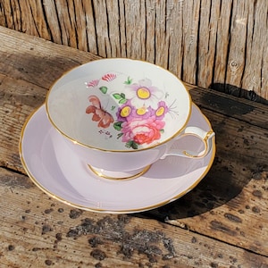 Teetasse & Untertasse, Roslyn, Bone China, Floral, Pink, Goldrand, Vintage