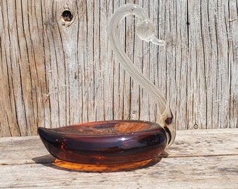 Swan Figurine, Flamingo, Glass, Art, Dish, Caramel, Clear, Vintage