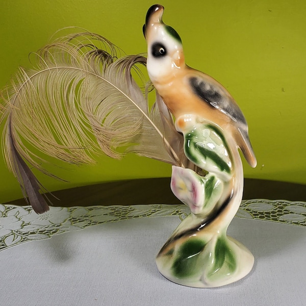 Vintage Ceramic Cockatiel Figurine, with feather, made by Clay Sketches