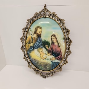 Wall Hanging, Baby Jesus, Mary, Joseph, Christian, Religious Art, Painting, Metal Ornate Frame, Made in Italy, Vintage