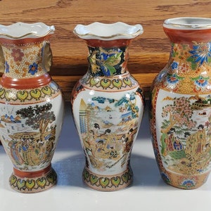 Japanese Geisha Minature Porcelain Vases, Set Of Three