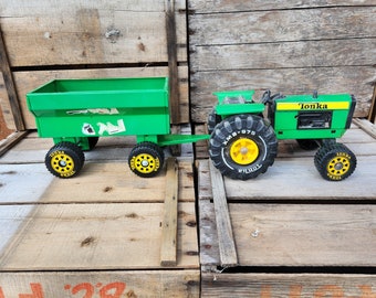 Toy Tractor, Tonka, John Deere, With Trailer, Made in USA, Vintage