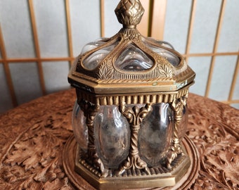 Humidor, Apothecary Jar, Brass, Caged Glass, Made in India, Cigar Box w/ Lid, Vintage