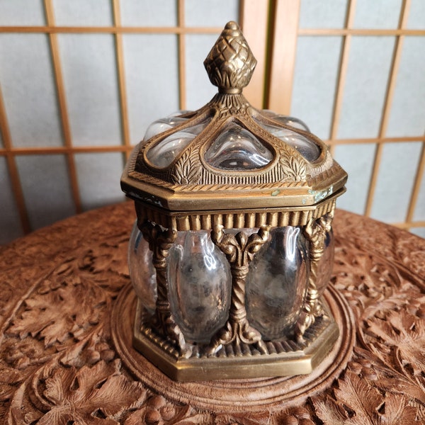 Humidor, Apothecary Jar, Brass, Caged Glass, Made in India, Cigar Box w/ Lid, Vintage