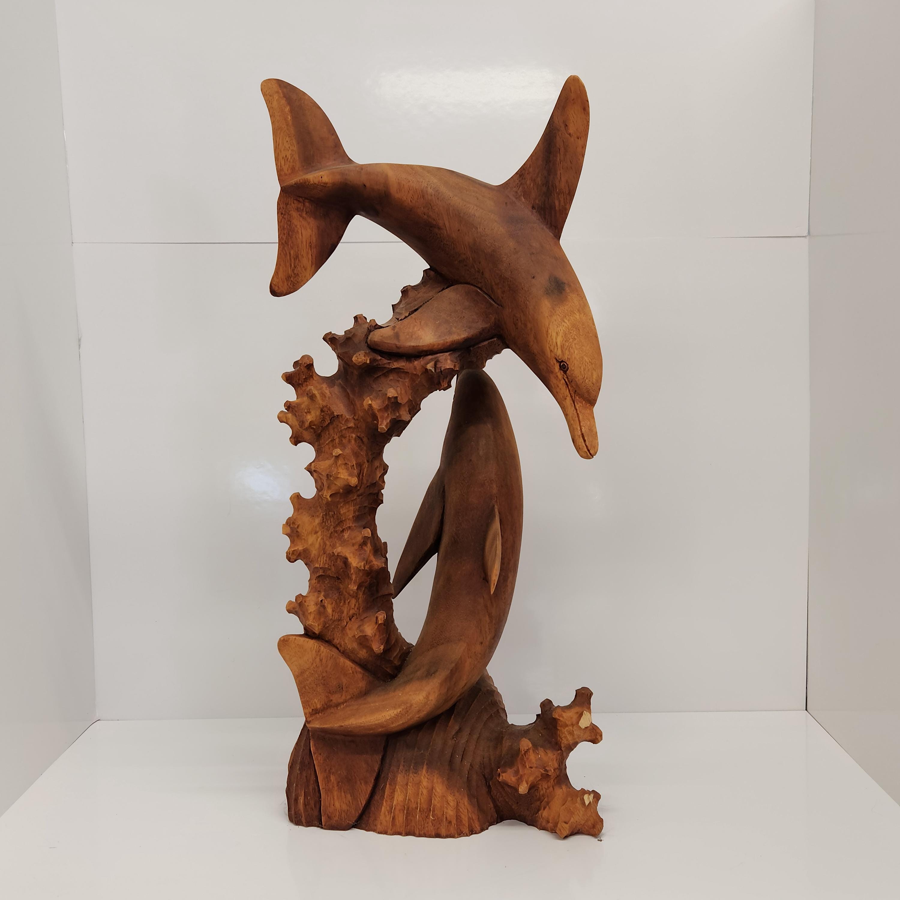 Statue, Dolphins, Mates, Wooden Carving, Hand Carved, Sculpture