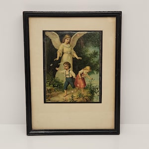 Art, Guardian Angel by Fridolin Leiber, Print, Painting, Picture, Vintage Frame, 33 x 44 cm, Vintage