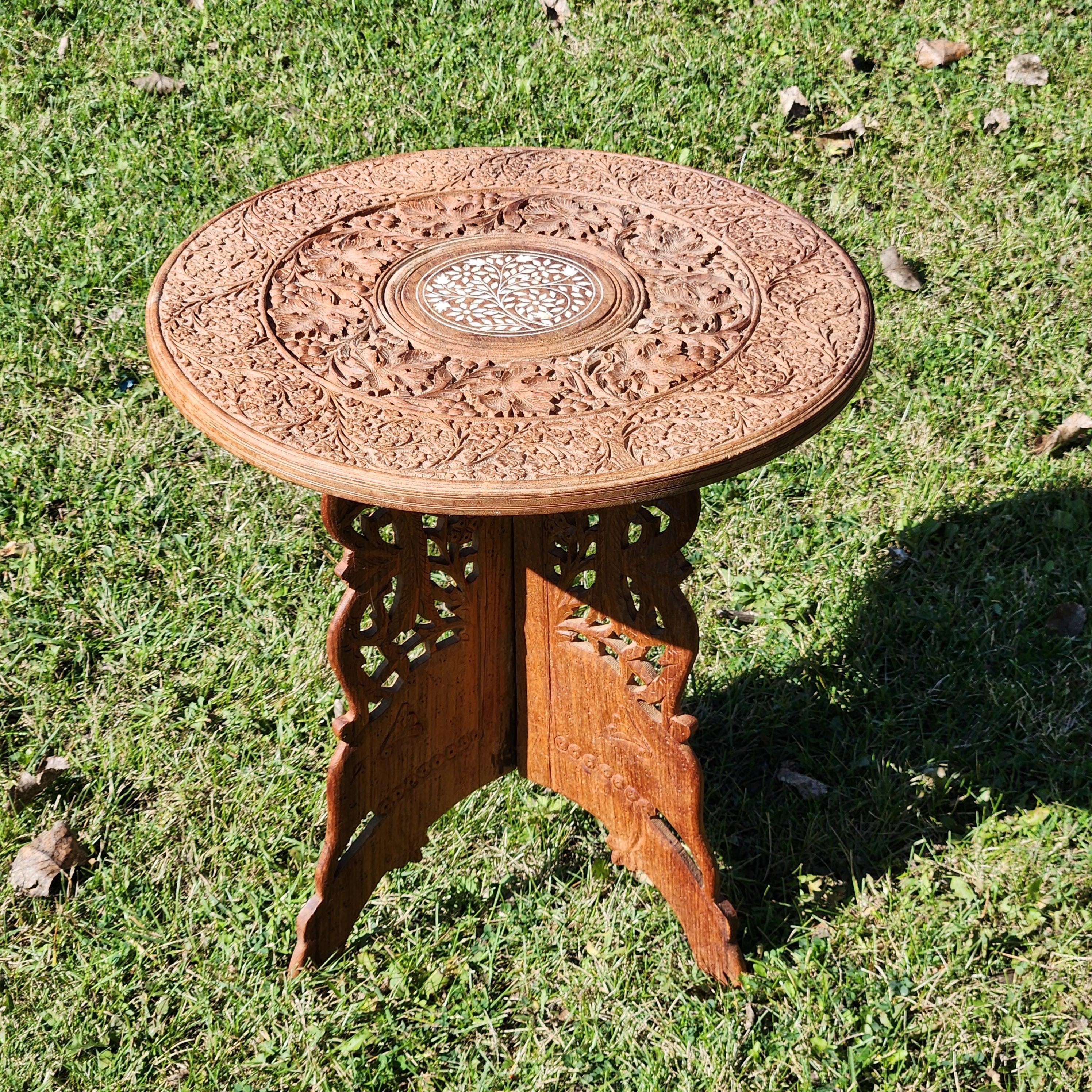 Side Table, Indian Hand-Carved Inlay, Wood, Foldable, Portable, Elephant, Bird in a Tree, Vines, Plant, Nature, Vintage