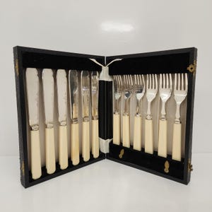 May include: A black leather case with a set of silver knives and forks with ivory handles. The case is open and the knives and forks are arranged in rows.