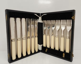 Silverware, Ryals, 5 Fork, 5 Knife, Dining Set, Original Box, Black Case, EPNS, A1, Made in England, Vintage