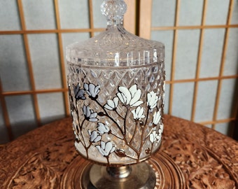 Trinket Jar, Candy Dish, Glass, Tree Blossoms, White, Vintage