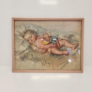 Kunst, schlafendes Baby, Maud Tousey Fangel, Druck, Lithographie, Gemälde, Bild, Wandbehang, 43 x 33 cm, 1940er Vintage