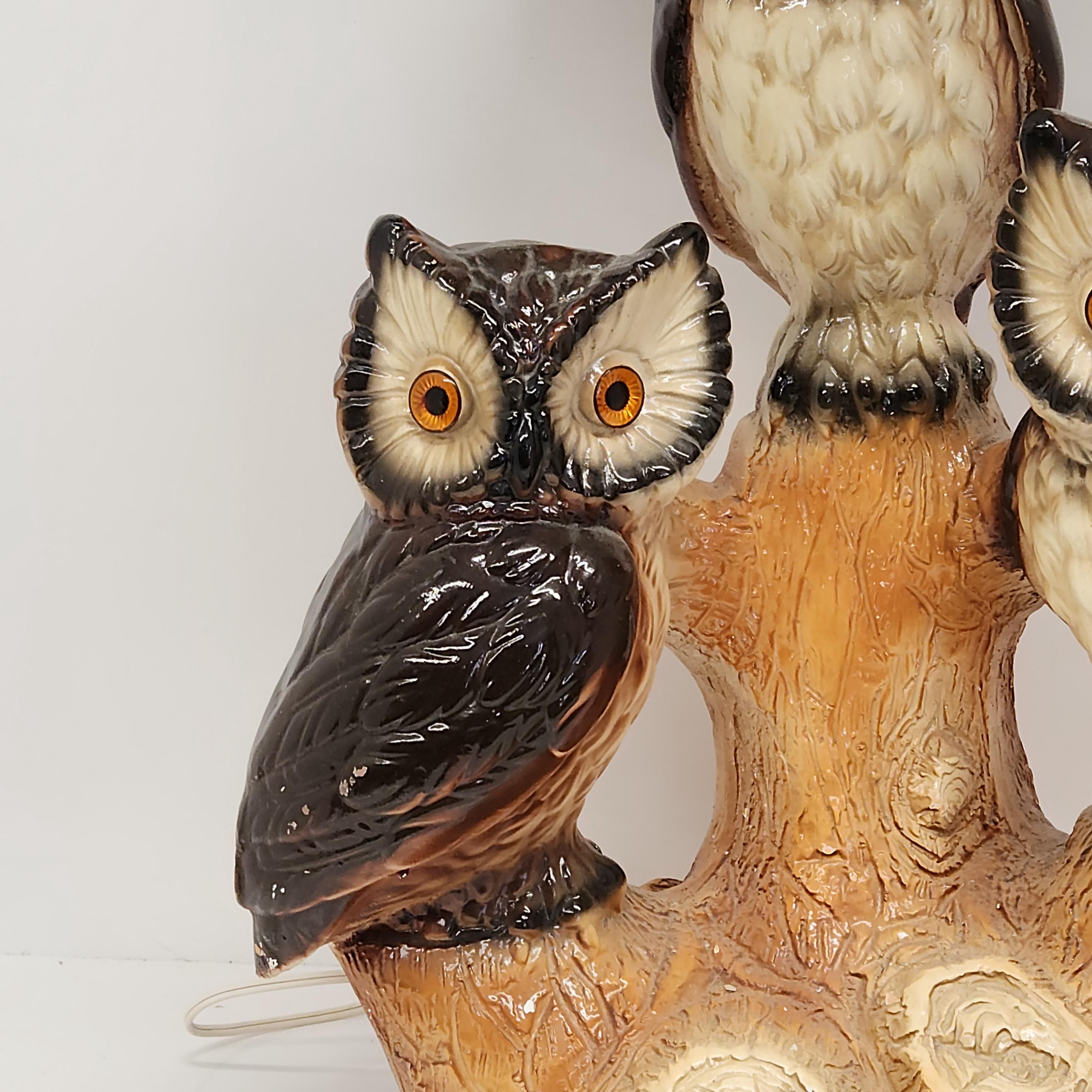 Lamp, Three Baby Owls on a Tree, Chalkware, Plaster, Mid Century
