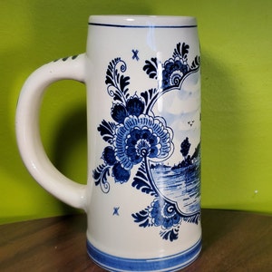 Vintage Ceramic Dutch Delft Blue Large Beer Stein - &#39;Windmill&#39;