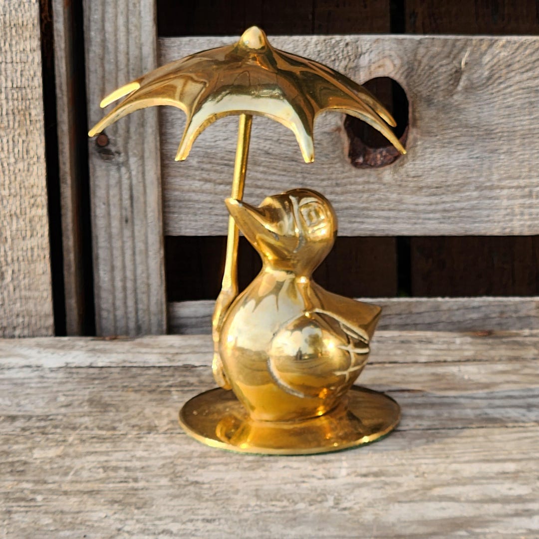 Statuette, Solid Brass Duck Holding an Umbrella, Home Decor