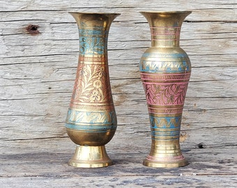 Vase Pair, Engraved Solid Brass, Made in India, Vintage
