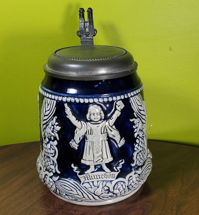 Vintage Ceramic German Beer Stein With Pewter Lid Etsy