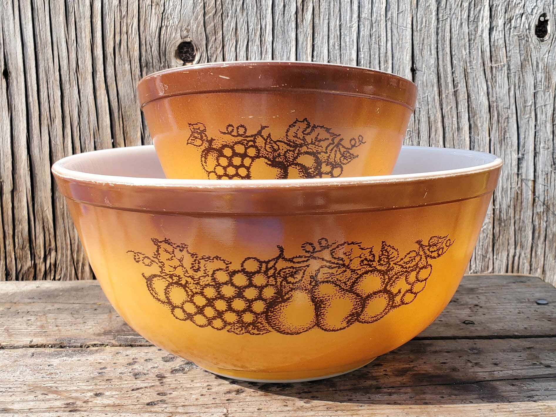 Pyrex Mixing Bowls, Set of 2, Old Orchard Pattern, Brown and Tan