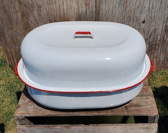 Vintage Rectangular White Enamel Roasting Pan - Red Trim - Large