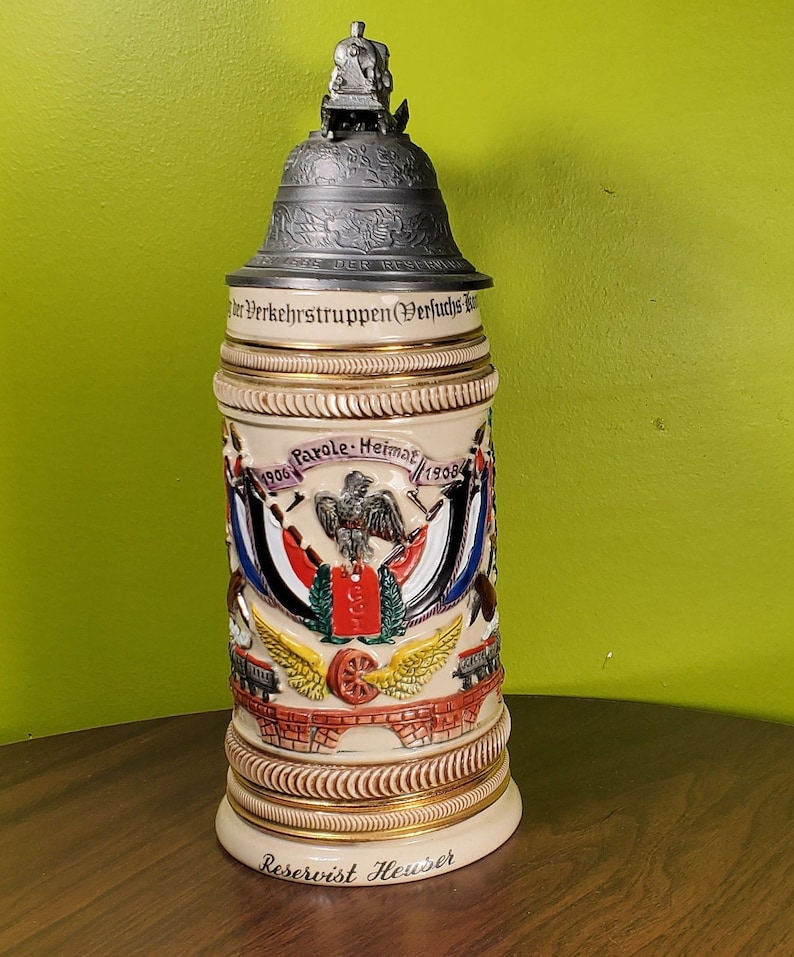 Vintage Ceramic German Beer Stein With Pewter Lid 'thewalt Regimental