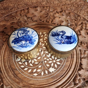 Pill Boxes, Flower, Bird, Water Fowl, Blue Art, White Porcelain, Trinket Box, Art Decoration, Jewelry Container, Vintage, Sold as a Pair