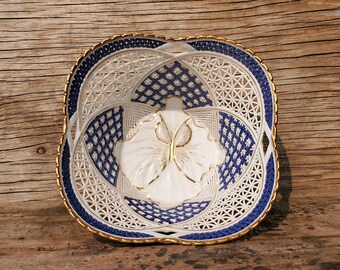 Lattice / Lace Porcelain Bowl, Arpo Curtea de Arges, Butterfly, Handmade Romanian, Vintage