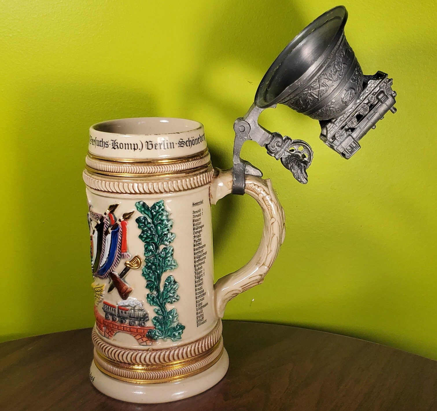 Vintage Ceramic German Beer Stein With Pewter Lid 'thewalt Regimental