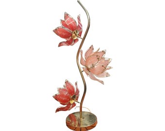 Lamp, Mixed Scarlet and Pink Lotus, Hollywood Regency, Flower Table Lamp, 1970's, OH Lighting, Vintage