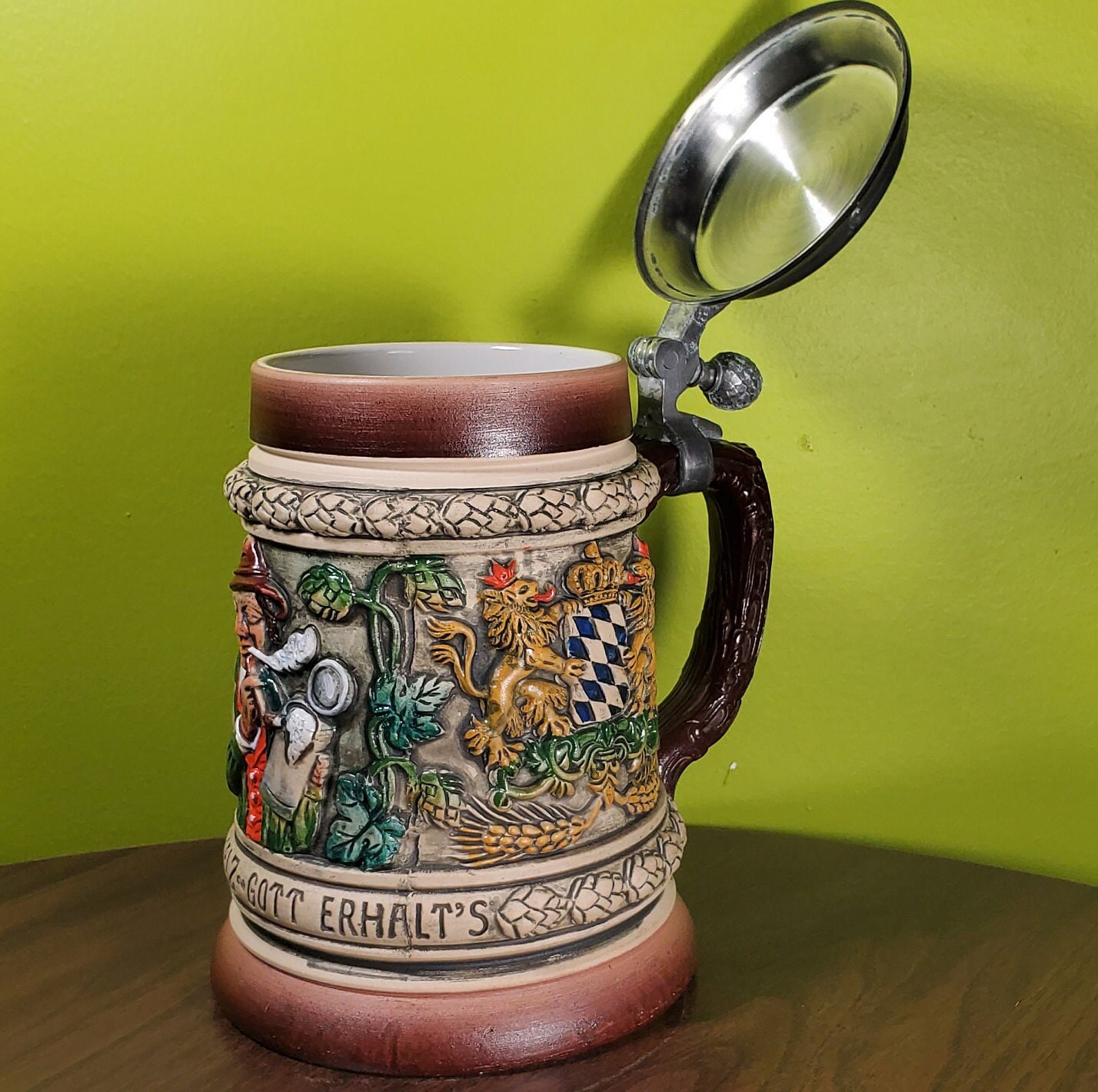 Vintage Ceramic Thewalt German Beer Stein With Pewter Lid 'hopfen U