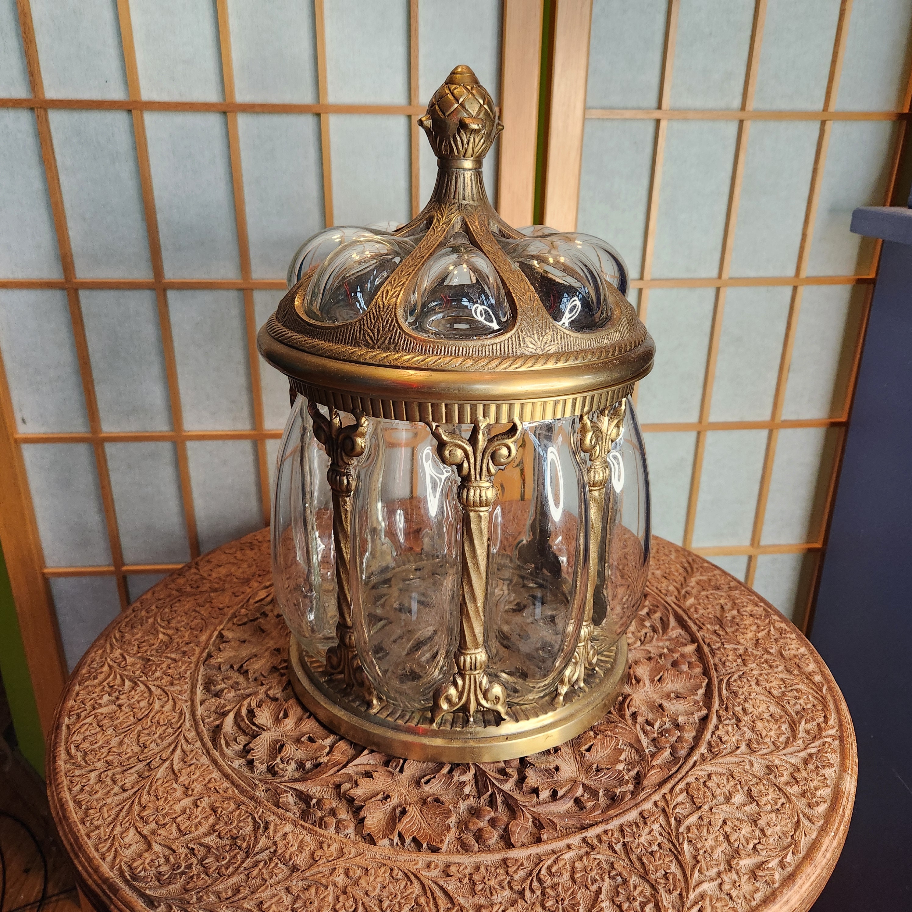 brass tobacco jar Humidor, Apothecary Jar, Brass, Caged Glass, Made in India, Cigar Box W/  Lid, Vintage