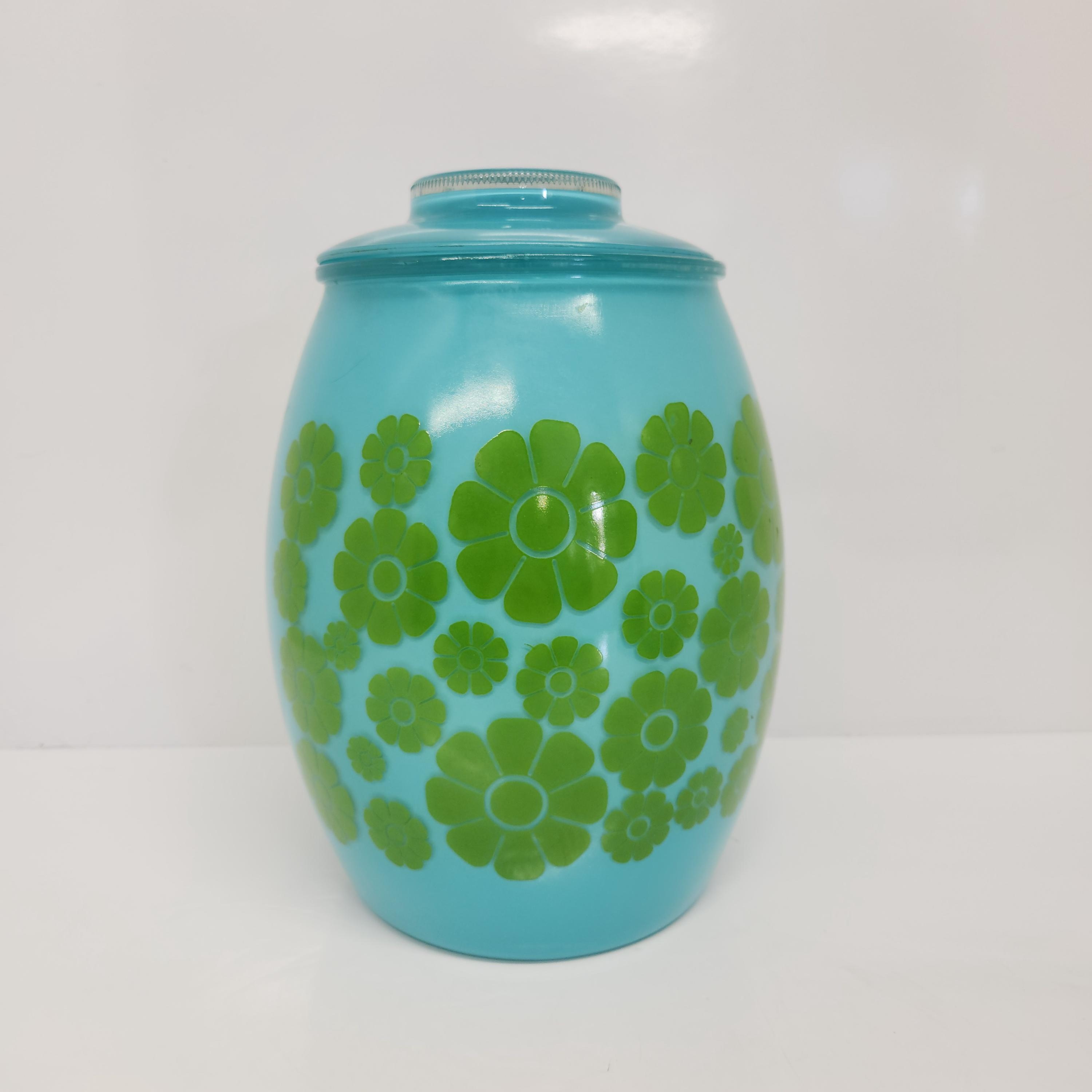 Cookie Jar, Turquoise W/ Green Flowers Bartlett Collins, Mid