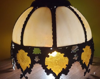Vintage Tiffany Victorian Style Slag Glass Light Lamp Shade Ceiling Fixture Pendant Chandelier Vintage Caramel and Cream
