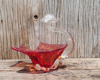 Swan Figurine, Murano, Flamingo, Glass, Art, Dish, Red, Vintage