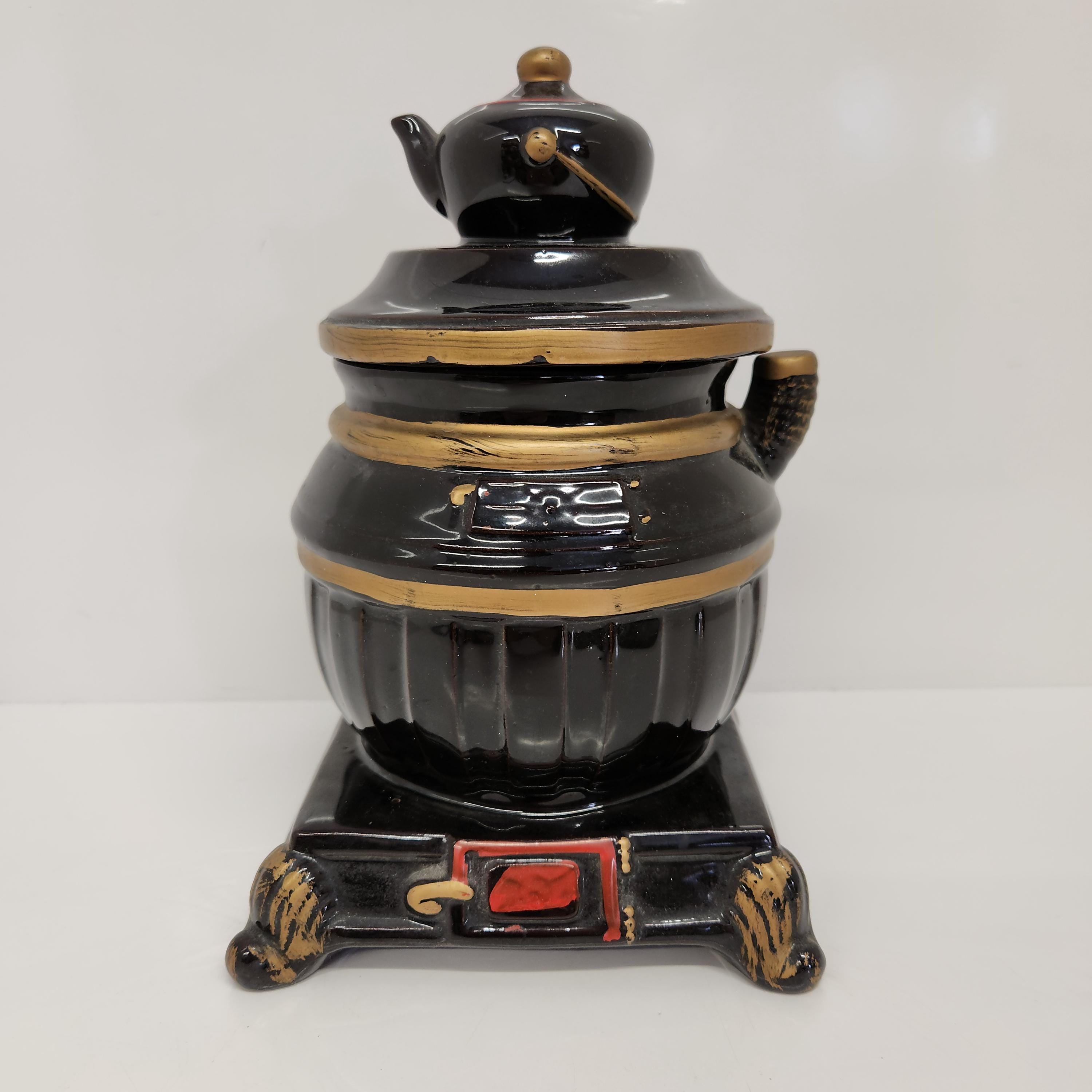 Cookie Jar, Ceramic Pot Belly Stove Cookie Jar, Mid Century, Lid, Retro, Vintage