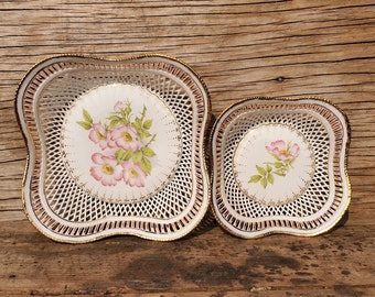 Lattice / Lace Porcelain Bowls, Set of 2, Arpo Curtea de Arges, Pink Flower, Handmade Romanian, Vintage