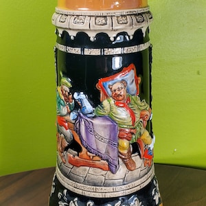 chope de bière allemande en céramique musicale vintage avec couvercle en étain - 'Trink Brüderlein, Trink'