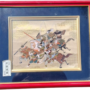 Art, Group of Samurai in Action, Woven Textile Art, Nishijin-ori Textile Art from Kyoto District, Made in Japan, Vintage