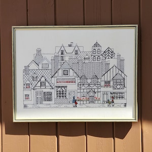 Petit Point, escaparates con detalles, C J Gates, arte, bordado artesanal, marcos de metal, vidriado, ventana fina, vintage